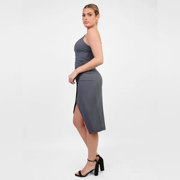 Built-In Shapewear Slip V-Neck Split Midi Dress - Picture 2 of 6